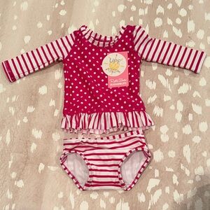 Ruffle Butts Pink Polka Dot Rashguard bikini